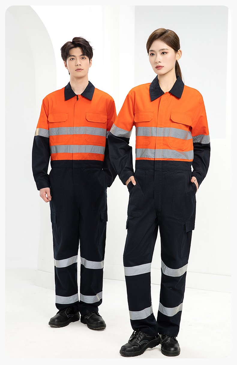 WQ2119LT 纯棉春秋连体劳保工作服荧光黄桔煤矿井下印字反光条工地衬衣(图14)