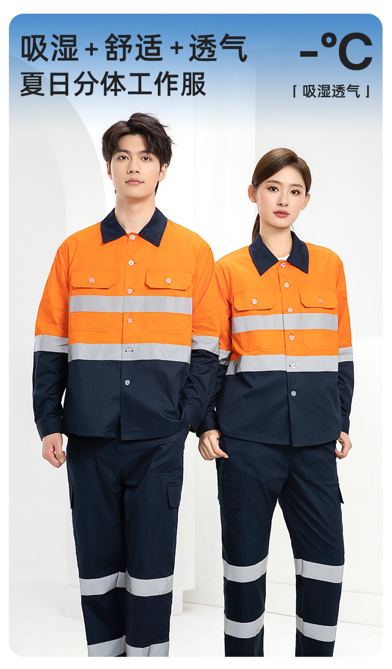 WQ2119X 夏季薄款反光条工作服印LOGO透气车间厂服拉链款立领工装外贸(图1)