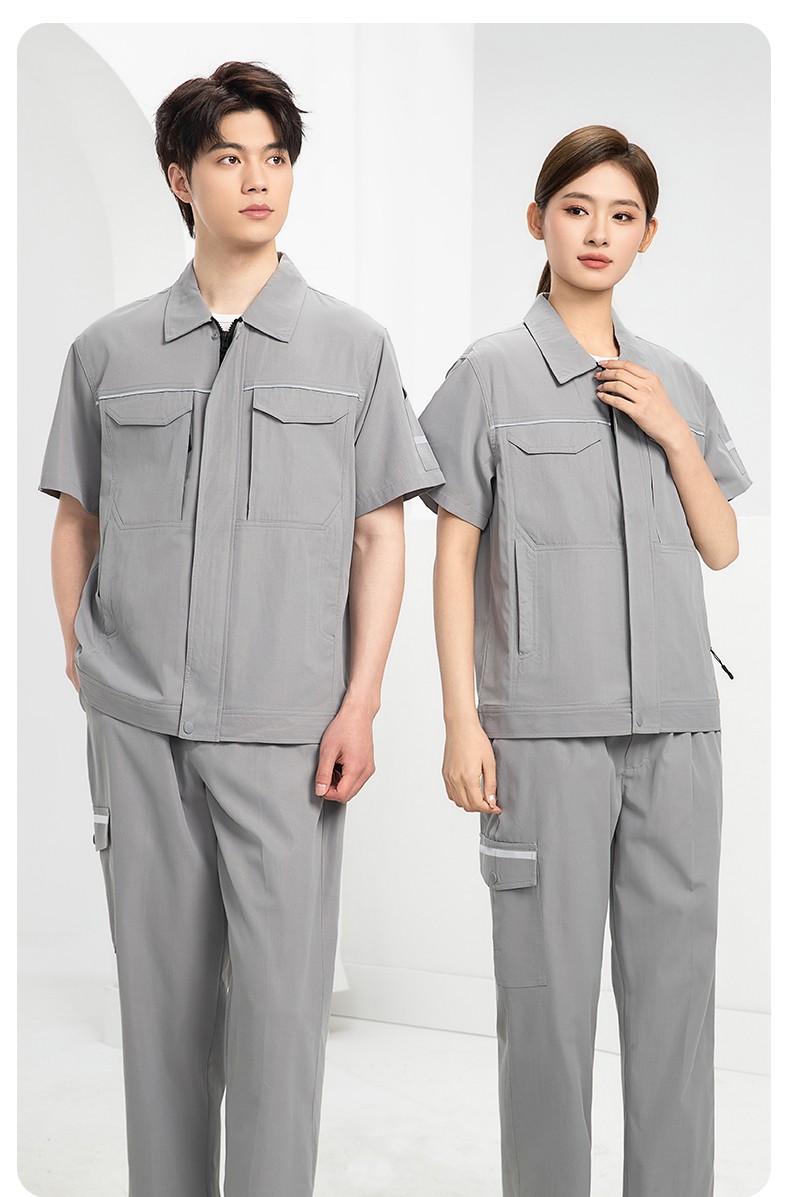 DM242D 夏季短袖工作服薄款反光条纯色外套印字工厂厂服汽修工地劳保服(图12)