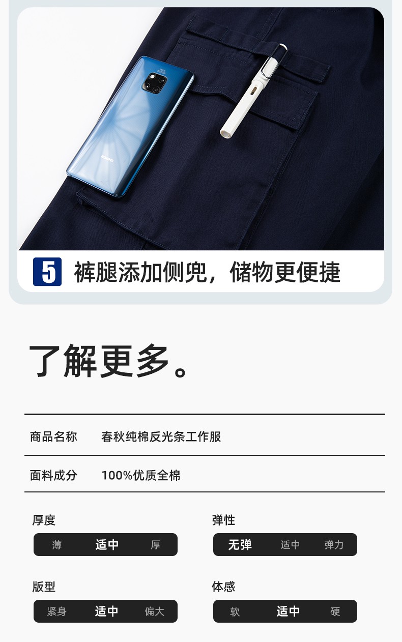 JC-3D07QM 纯棉工作服定制男春秋长袖工装印字工厂车间机修全棉反光劳保服(图10)