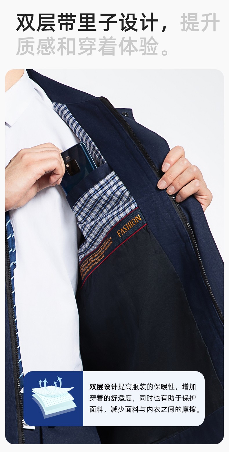 YM-230 春秋双层工作服工装男套装加厚纯色拉链款工厂工人定制夹克劳保服(图5)