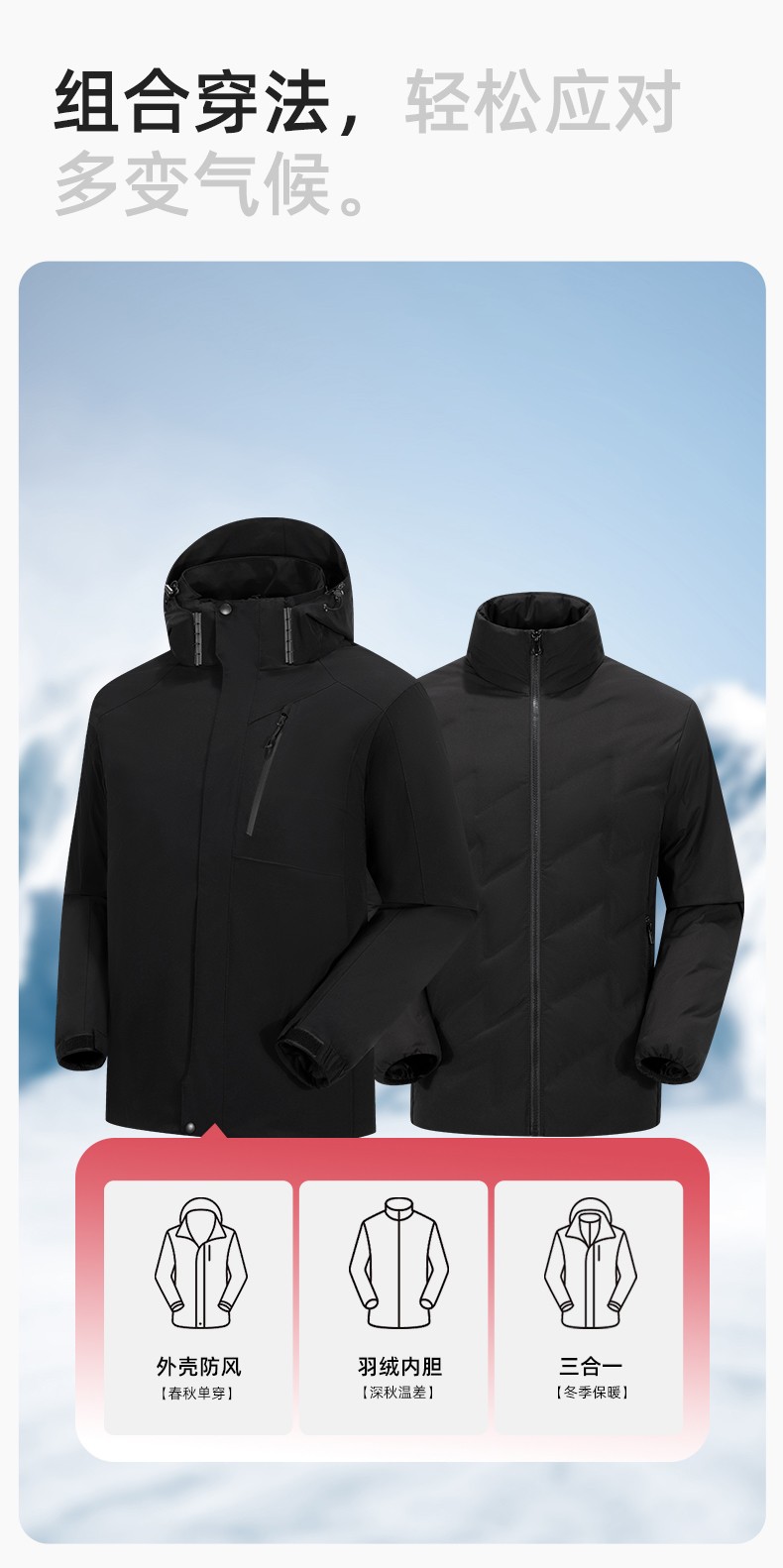 RH-60965 冬季羽绒工作服冲锋衣三合一棉衣男加厚保暖汽车维修厂劳保服定制(图6)