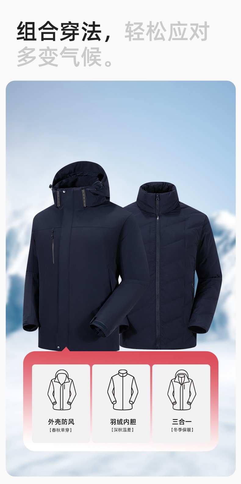 RH-60967 冬季三合一羽绒内胆冲锋衣防风防雨保暖锁温登山骑行服定制(图6)