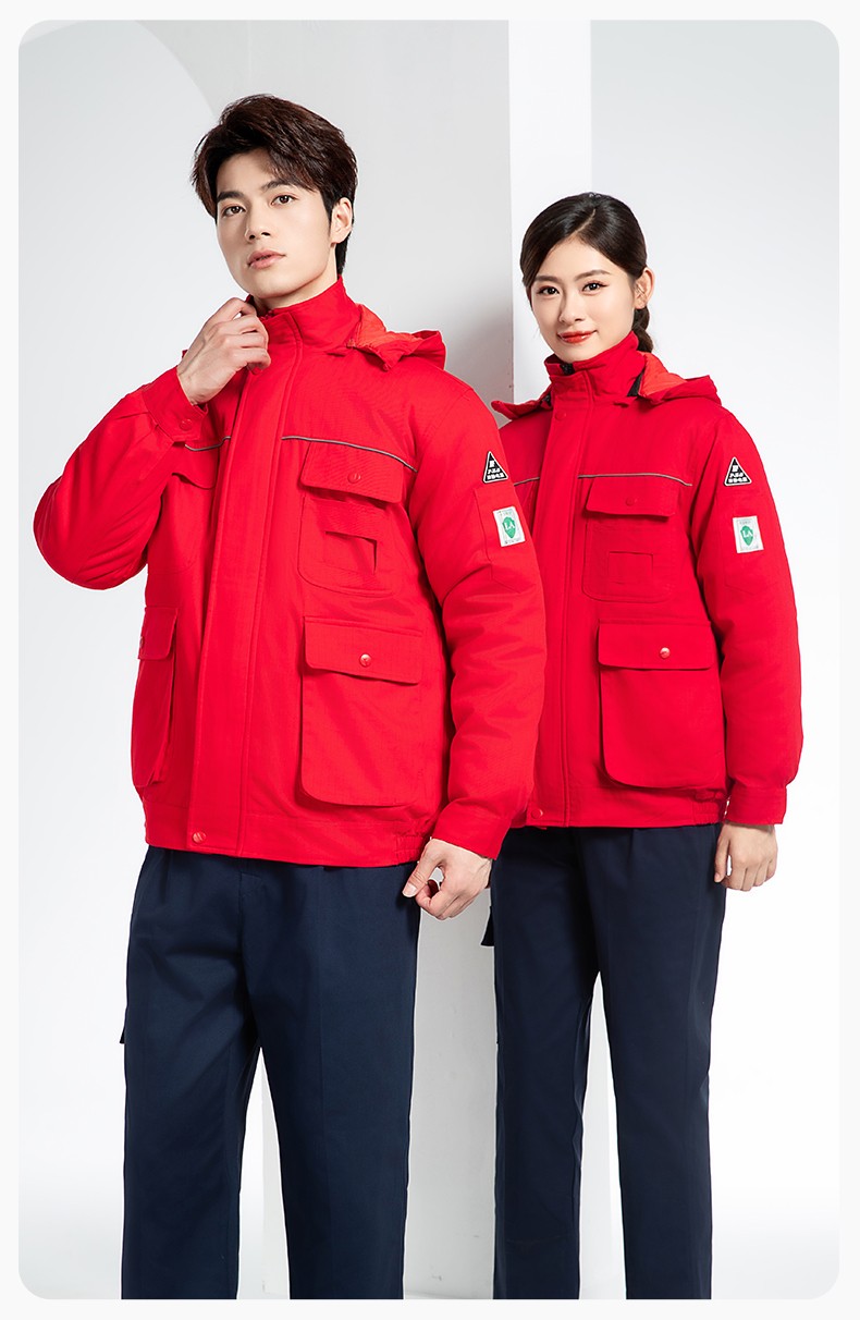 FJD8899 冬季纯棉防静电工作服棉衣定制加厚棉服加油站防寒棉袄大衣劳保服(图17)