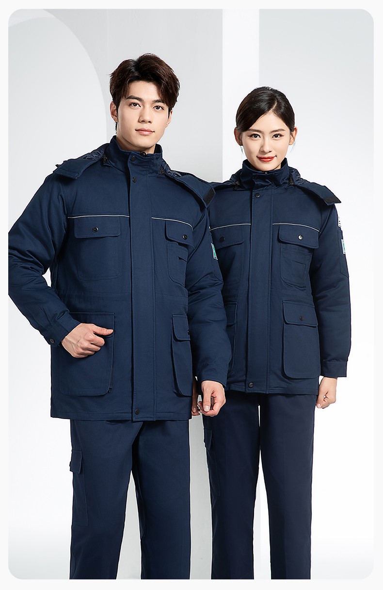 FJD8899 冬季纯棉防静电工作服棉衣定制加厚棉服加油站防寒棉袄大衣劳保服(图14)
