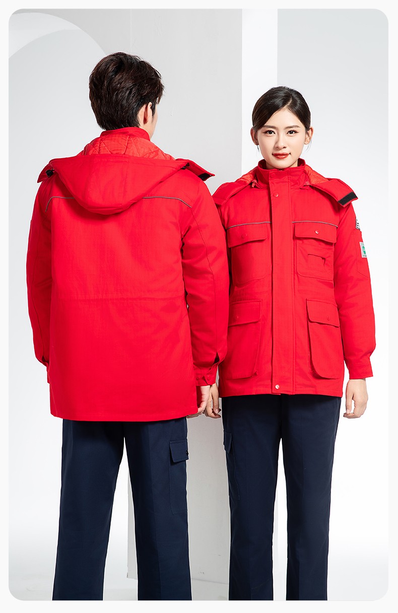 FJD8899 冬季纯棉防静电工作服棉衣定制加厚棉服加油站防寒棉袄大衣劳保服(图19)
