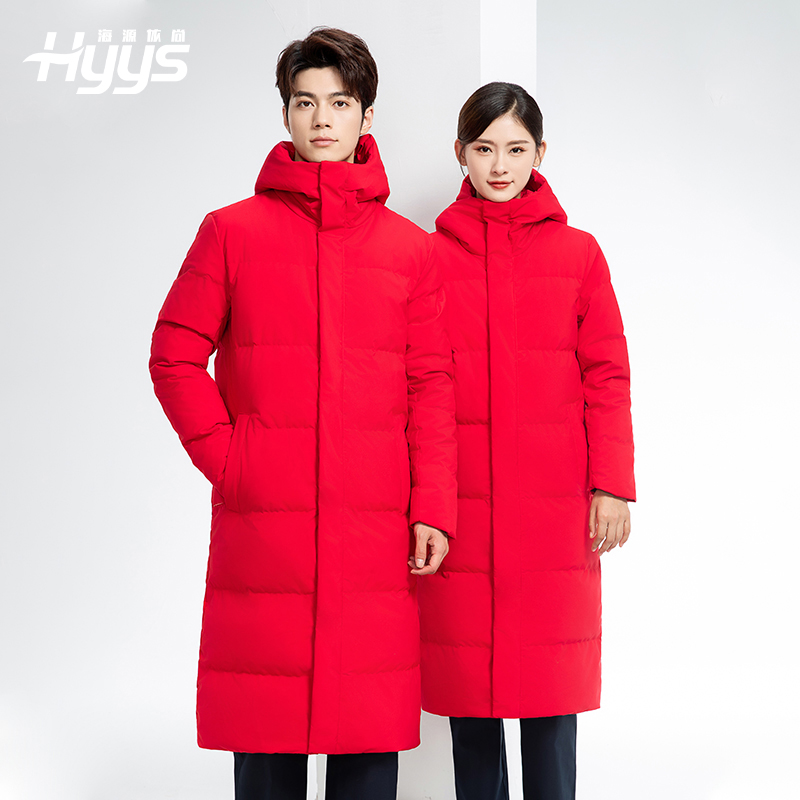 RH-6011 加长宽加厚80绒羽绒大衣 帽子可拆大红
