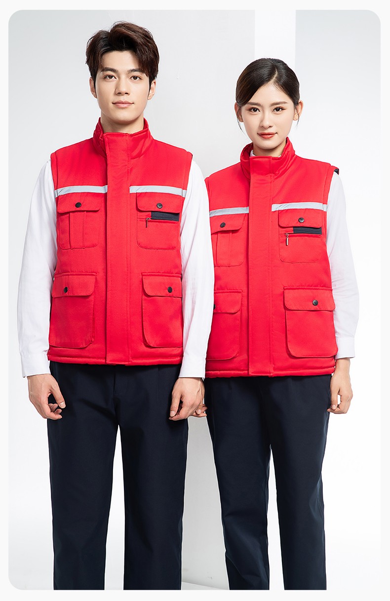 YJ-9901 冬季棉马甲工装立领纯色反光条工作服多口袋拉链船厂加油站定制(图16)