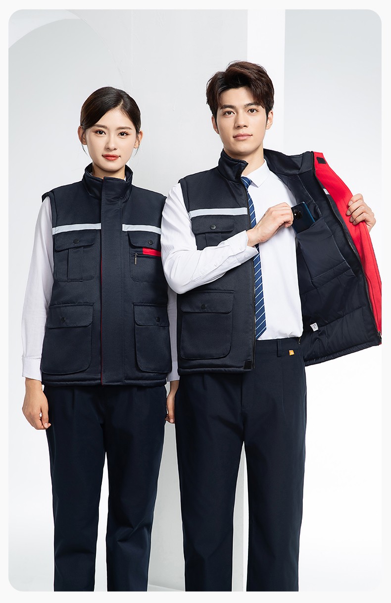 YJ-9901 冬季棉马甲工装立领纯色反光条工作服多口袋拉链船厂加油站定制(图18)