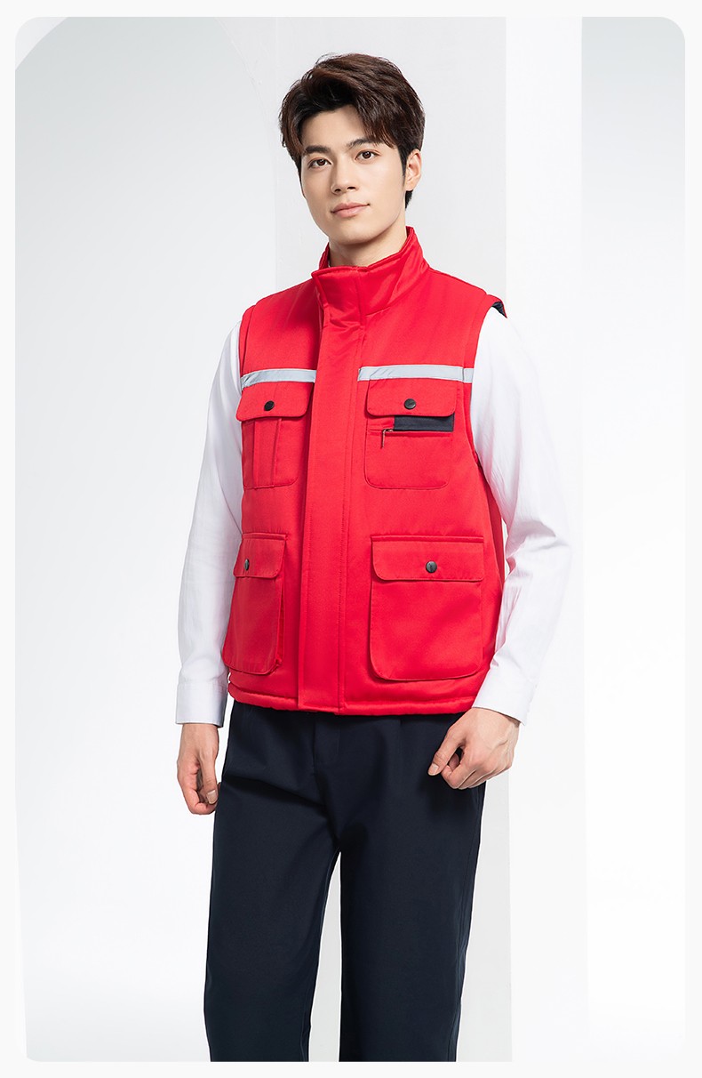 YJ-9901 冬季棉马甲工装立领纯色反光条工作服多口袋拉链船厂加油站定制(图15)
