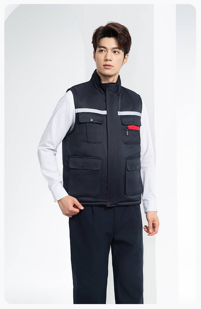 YJ-9901 冬季棉马甲工装立领纯色反光条工作服多口袋拉链船厂加油站定制(图17)