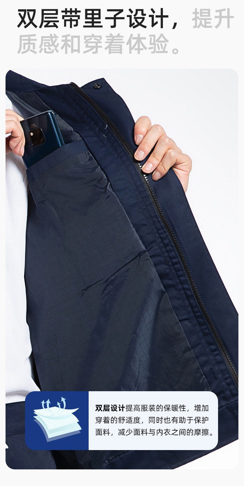 YM-20801SF 防静电工作服套装男秋冬双层加厚化工厂电子厂电工装加油站劳保服(图6)