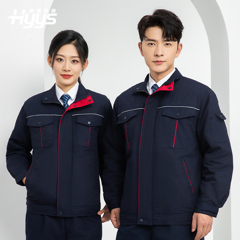 LJ-5802 冬季拼色工作服棉衣男反光条保暖加厚一体式工厂夹克劳保服定制